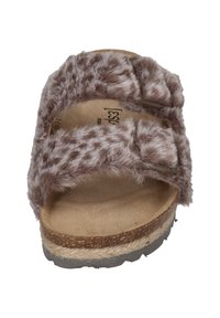 Brown faux fur slide sandal with two adjustable straps, cork footbed, and textured rubber sole. Soft, plush surface with spotted pattern.