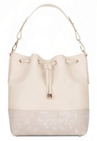 Bucket-style bag in soft beige leather, featuring a drawstring closure, gold hardware accents, and a textured light beige base.