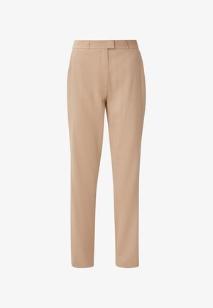 Beige op maat gemaakte broeken met een rechte snit, platte voorkant en subtiele glans. Voorzien van riemlussen en zijzakken voor functionaliteit.