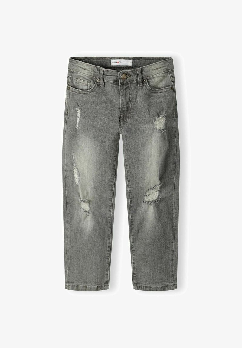 Sive traperice s opuštenim krojem, s izlizanim zakrpama i rastrganim rubovima. Dizajn s pet džepova i zatvaranjem na gumb.