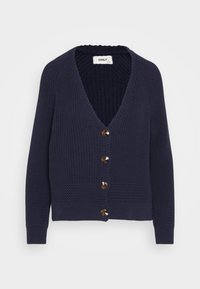 Cardigan lavorato a maglia di colore blu navy con profondo scollo a V, maniche lunghe e cinque bottoni frontali con finitura texturizzata e orlo a costine.