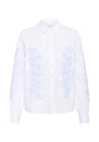 Bijela košulja s dugim rukavima s izvezenim svijetloplavim cvjetnim uzorkom duž rukava. Izrađena od pamuka s čvrstim ovratnikom.