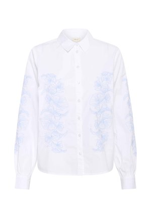 Balta mygtukinė marškiniai su šviesiai mėlynomis gėlėmis išsiuvinėtomis ant rankovių. Pagaminta iš medvilnės, ilgomis rankovėmis ir struktūrizuotu apykaklė.