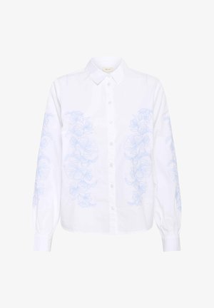 Bijela košulja s dugim rukavima s izvezenim svijetloplavim cvjetnim uzorkom duž rukava. Izrađena od pamuka s čvrstim ovratnikom.