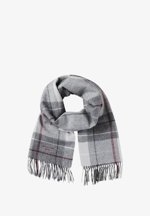 Sciarpa grigia a quadri realizzata in tessuto morbido, con bordi frangiati, caratterizzata da sottili linee rosse e un logo ricamato nell'angolo.