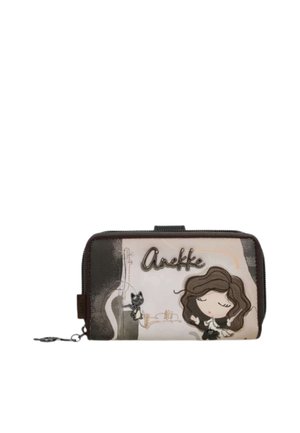 Portafoglio rettangolare marrone e beige con una ragazza dei cartoni animati, un gatto, tasti di pianoforte e la parola "Anekke" sul davanti.