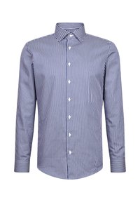 Gestreepte overhemd met lange mouwen in marineblauw en wit katoen, voorzien van een button-down kraag, een voorkant met knopen en een afgeronde zoom met contrasterende manchetten.