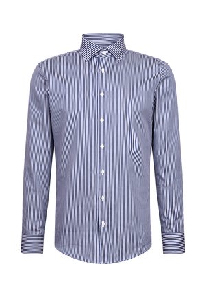 Gestreiftes Langarmhemd aus Baumwolle in Marineblau und Weiß, mit einem Button-down-Kragen, einer vorderen Knopfleiste und einem abgerundeten Saum mit kontrastierenden Manschetten.