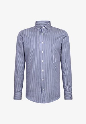 Gestreiftes Langarmhemd aus Baumwolle in Marineblau und Weiß, mit einem Button-down-Kragen, einer vorderen Knopfleiste und einem abgerundeten Saum mit kontrastierenden Manschetten.