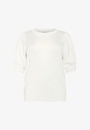 Suéter de punto blanco con mangas abullonadas cortas, cuello redondo y puños de canalé. Textura suave con un corte relajado.