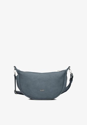 Bolso cruzado en forma de media luna de color azul con correa ajustable y logo de marca plateado "Zwei" en la parte delantera.