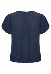 Top blu navy con una vestibilità rilassata, maniche corte di tipo flutter, una texture sottile e una chiusura con bottone sul retro con dettaglio a forma di chiave al collo.