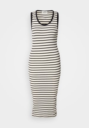 Rochie sans manches cu dungi în crem și negru. Textură ribbed, croială ajustată, de lungime până la jumătatea gambei, cu decolteu rotund.