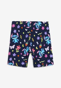 Marine blauwe shorts van katoen met kleurrijke prints van karakters, bloemen, harten en bliksemschichten op een gladde stof.