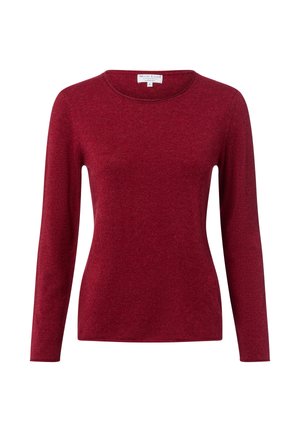 Damski sweter z długim rękawem w głębokiej czerwieni, okrągły dekolt, dopasowana sylwetka, miękka dzianina, rozmiar mały.