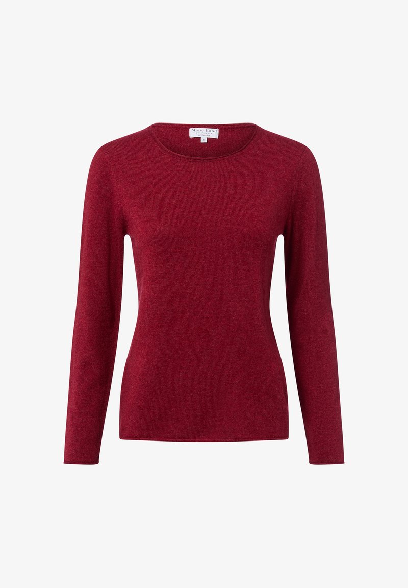 Langärmliger Damenpullover in tiefrot, Rundhalsausschnitt, taillierte Silhouette, weiches Strickmaterial, Größe S.