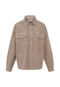 Giacca camicia in corduroy color tan con chiusura a bottoni, colletto a punta, due tasche sul petto e maniche lunghe. Presenta una texture a coste e bottoni in tonalità argentata.