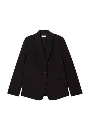 Blazer nero con chiusura a singolo bottone, rever a punta, due tasche frontali e vestibilità su misura. Tessuto liscio con un design strutturato.