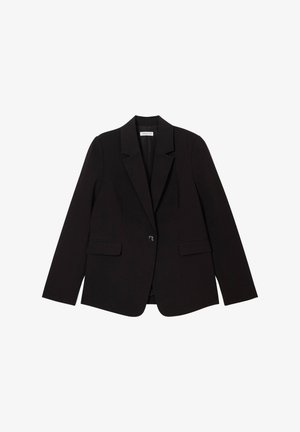 Blazer nero con chiusura a singolo bottone, rever a punta, due tasche frontali e vestibilità su misura. Tessuto liscio con un design strutturato.