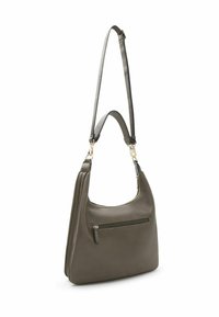 Olivegrünes Leder-Schultertasche mit einem einzelnen verstellbaren Tragegurt, einem Reißverschluss-Hauptfach und einer Vordertasche mit Reißverschluss.