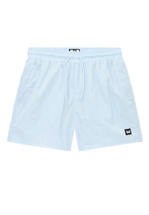 Hellblaue Herren-Badeshorts mit elastischem Bund, Kordelzug, Seitentaschen und einem kleinen schwarzen Logo-Patch am linken Bein.