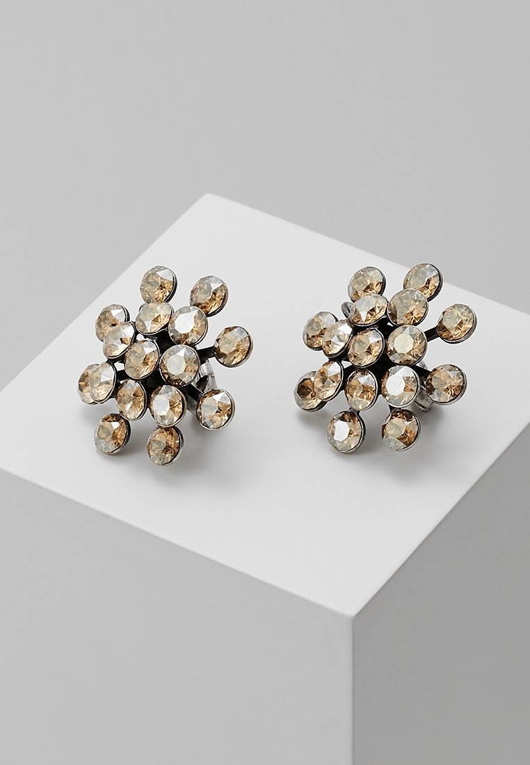 Paire de boucles d'oreilles rondes de ton argenté avec des pierres précieuses facettées marron clair regroupées en motif floral sur un socle blanc.