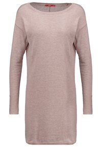 Robe-pull en maille légère mauve clair à manches longues, avec col rond et poignets et ourlet côtelés.