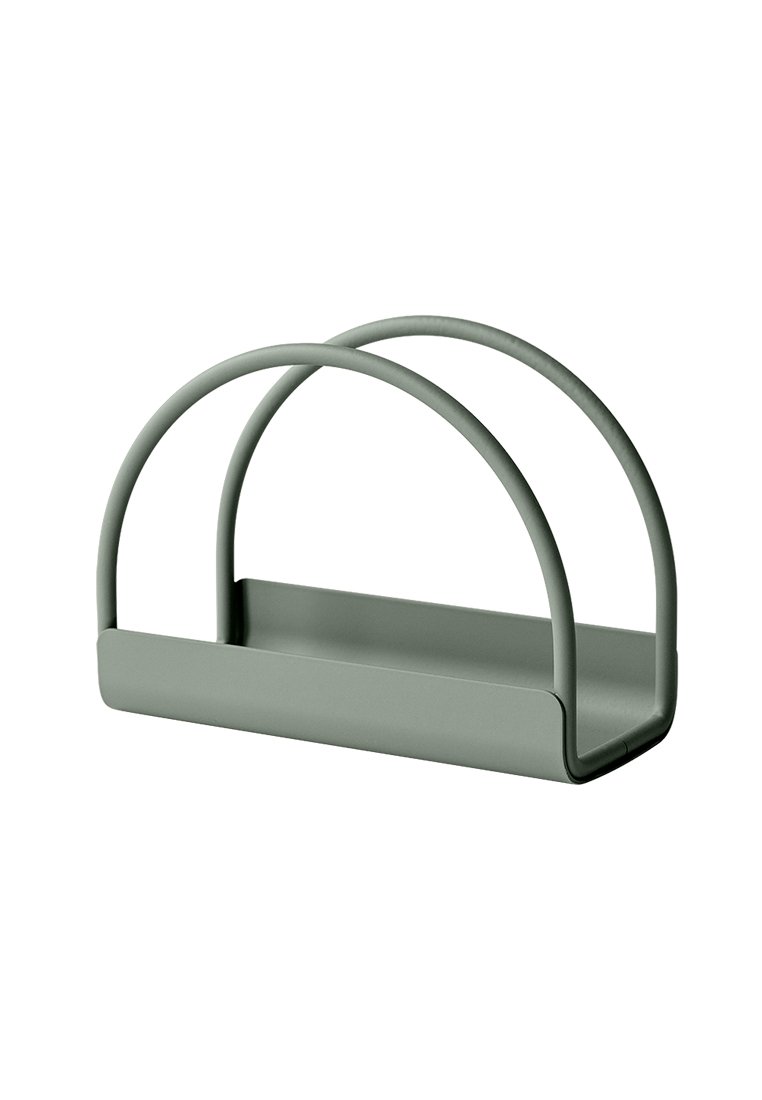 Panier en métal rectangulaire avec deux poignées arrondies, de couleur vert sauge mat, présentant une texture lisse et un design minimaliste.