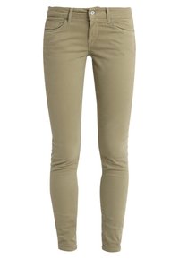 Vaqueros skiny color caqui hechos de una suave mezcla de algodón, con bolsillos, pasadores para cinturón y cierre de botón en la parte delantera. Textura suave con un detalle mínimo.