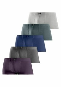 Herrenboxer in fünf Farben: hellgrau, dunkelgrau, türkis, marineblau und lila. Hergestellt aus glattem Stoff mit elastischem Bund und ohne Muster.