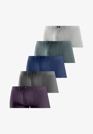 Herre boxer briefs i fem farver: lys grå, mørk grå, teal, marineblå og lilla. Lavet af glat stof med elastisk talje og uden mønstre.