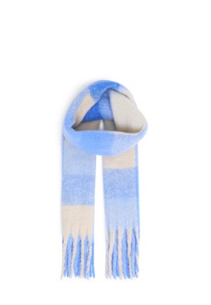 Écharpe douce avec larges rayures alternées bleues et beiges, extrémités à franges et présentation en boucle sur fond blanc.
