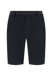 Pantaloncini neri sartoriali con passanti per cintura, cerniera frontale e design a gamba dritta su sfondo bianco.