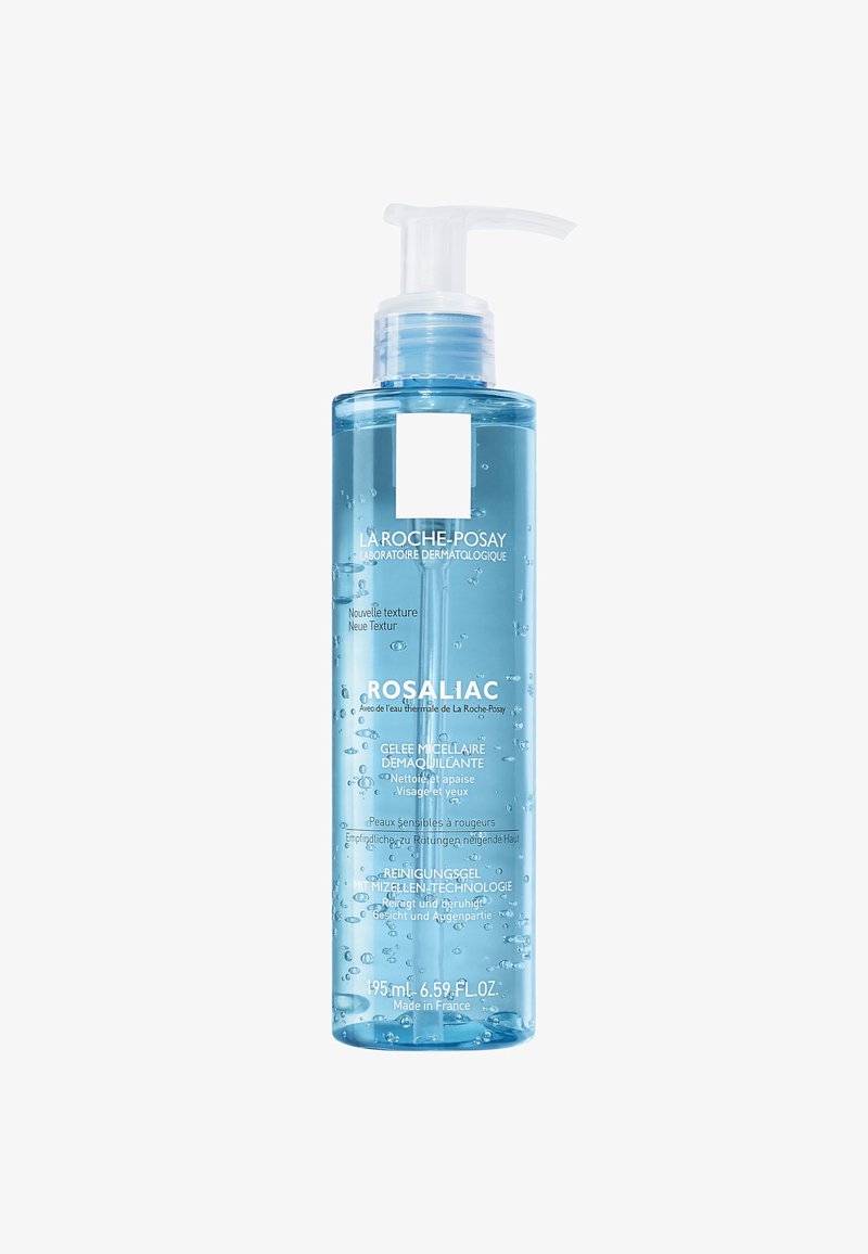 Clear blue micellar cleansing gel in a transparent pump bottle labeled La Roche-Posay Rosaliac, 195 ml, for sensitive skin and eyes.