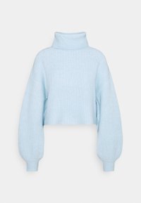 Hellblauer, verkürzter Rollkragenpullover aus geripptem Strickstoff. Hat lockere Ärmel und eine strukturierte Oberfläche.