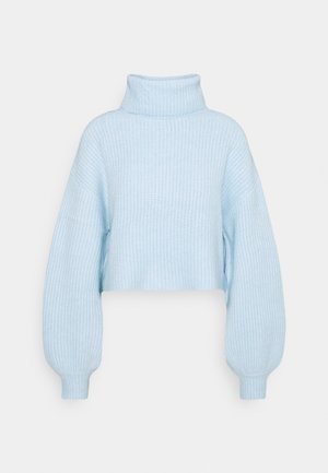 Light blue cropped turtleneck sweater made of ribbed knit fabric. Features loose sleeves and a textured finish.