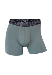 Boxershorts i lysegrønt stof med tætsiddende pasform. Linningen er sort med "Cristiano Ronaldo" trykt i grå. Glat tekstur over det hele.
