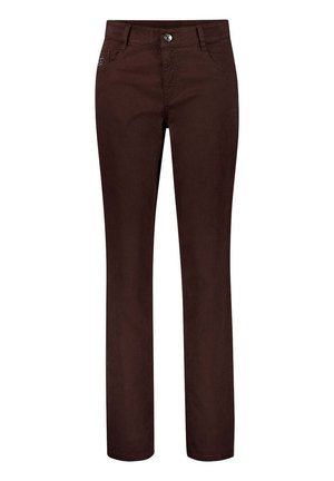 Pantalon droit marron foncé avec bouton à l'avant, passants pour ceinture et poches latérales, présenté sur fond blanc.