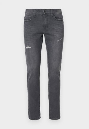 Dark grey denim jeans with a slim fit, featuring distressed detailing and five pockets. Classic design with subtle fading and straight leg cut.