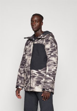Herrenjacke mit einem schwarz-grauen Wirbelmuster, Reißverschluss und einem kontrastierenden schwarzen Einsatz auf der Brust und dem Arm. Verfügt über eine Kapuze.