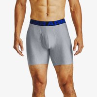 Graue Feuchtigkeitsableitende Boxerbriefs mit einem schwarz-blauen Logo-Bund und einer glatten Textur, ausgestattet mit einem unterstützenden Fronttaschendesign.