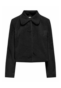 Veste courte en fausse fourrure noire avec manches longues et large col pointu, fermeture devant cachée par un tissu superposé.