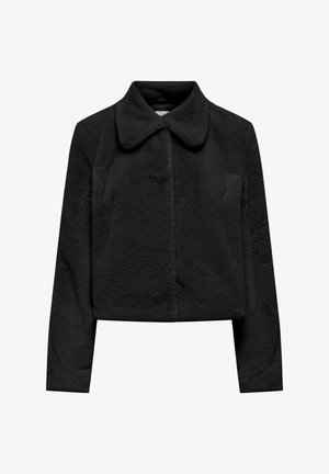 Giacca corta nera in pelliccia sintetica con maniche lunghe e ampio colletto a punta, chiusura anteriore nascosta da una sovrapposizione di tessuto.