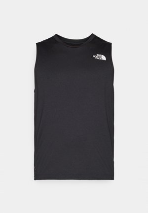 Black sleeveless athletic shirt made of smooth, lightweight fabric. Features a small white logo on the upper left. Classic fit with minimal stitching.