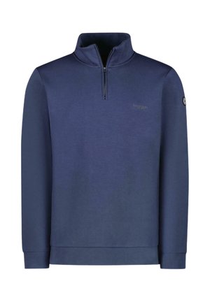 Navyblauwe trui met een kwartrits en lange mouwen. Bevat een logo op de borst en een badge op de mouw, ontworpen voor casual gebruik.
