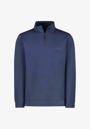 Navyblauwe trui met een kwartrits en lange mouwen. Bevat een logo op de borst en een badge op de mouw, ontworpen voor casual gebruik.