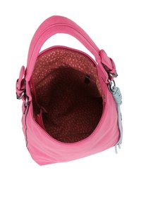 Borsa a tracolla rosa realizzata in morbida pelle, con un esterno testurizzato, una forma arrotondata e un interno marrone a pois con una tasca con zip.