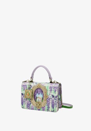 Borsa rettangolare con manico lilla, tracolla verde, motivo floreale di glicine viola e immagine centrale in stile vintage incorniciata con chiusura a fiore dorato.