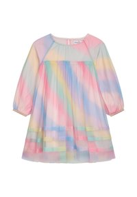 Pastellfarbiges Tüllkleid mit langen Ärmeln, gerafftem Taillienbereich und schichtiger Rockpartie. Es hat horizontale Streifen in Pink, Blau und Gelb.
