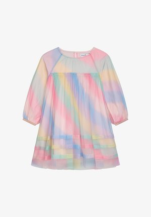Pastellfarbiges Tüllkleid mit langen Ärmeln, gerafftem Taillienbereich und schichtiger Rockpartie. Es hat horizontale Streifen in Pink, Blau und Gelb.